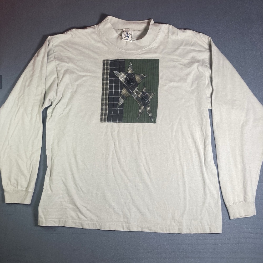 Vintage 90s Alore Patchwork Stars Mock Neck Long Sleeve T Shirt XXL Cream